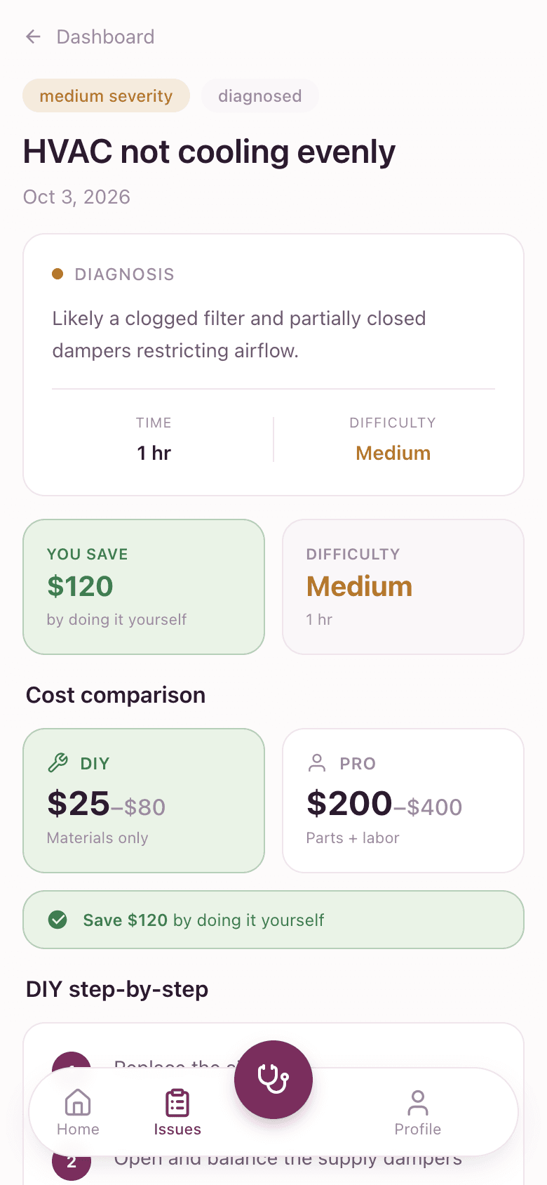 Berry diagnosis screen showing a repair and its estimated cost